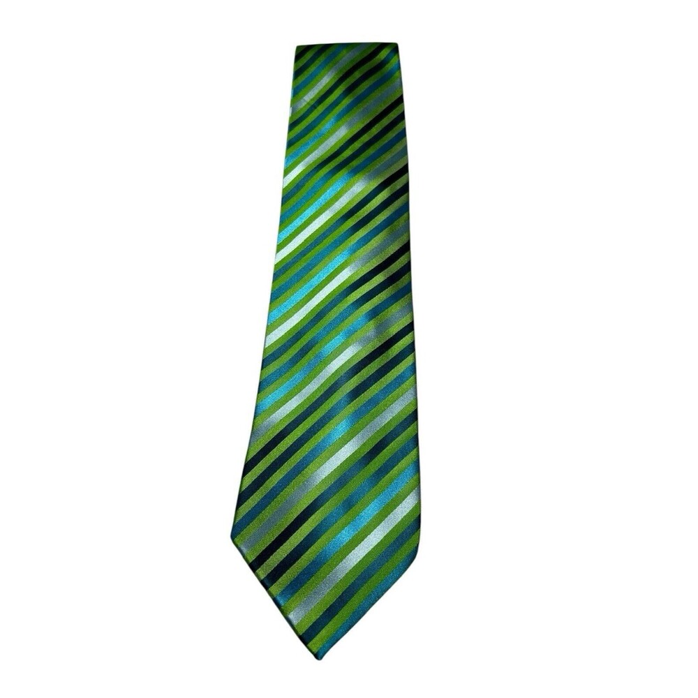 Paul Malone Palm Beach MEN'S Green Blue & Silver STRIPED 100% SILK NECKTIE